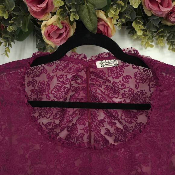 Free People Intimately Maroon Mesh Floral Long Sleeve Top Size Medium - Picture 3 of 9